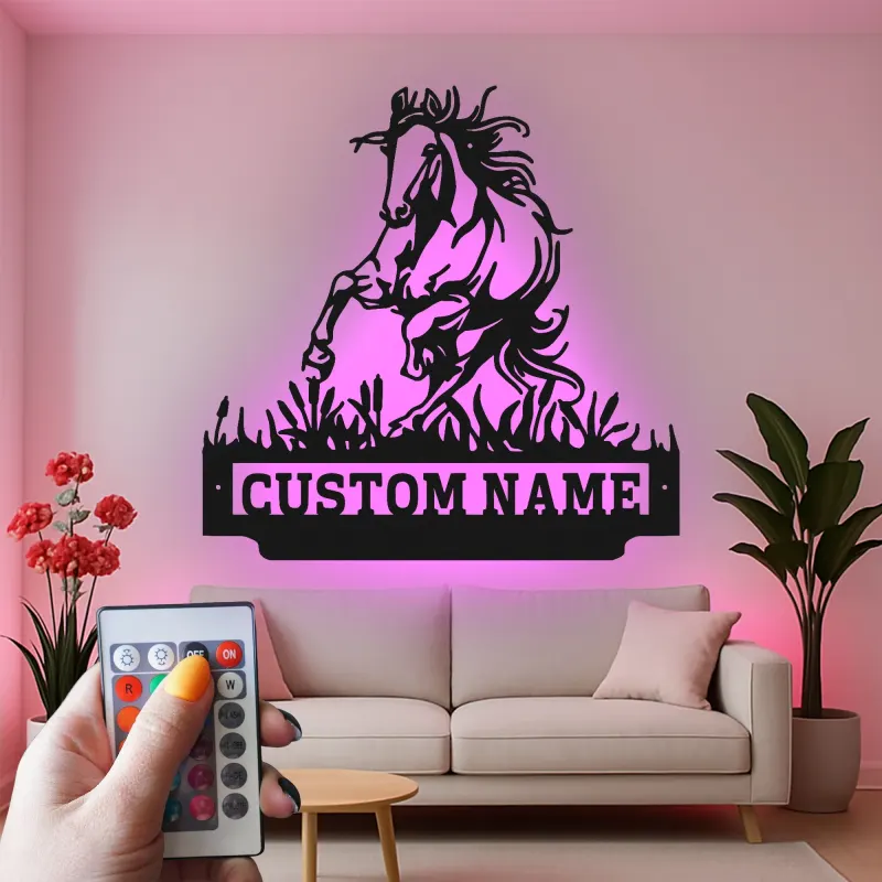 Custom Horse Metal Sign with LED | Personalized Equestrian Wall Art | Ranch Decor & Horse Lover Gift | Backlit Metal Signage