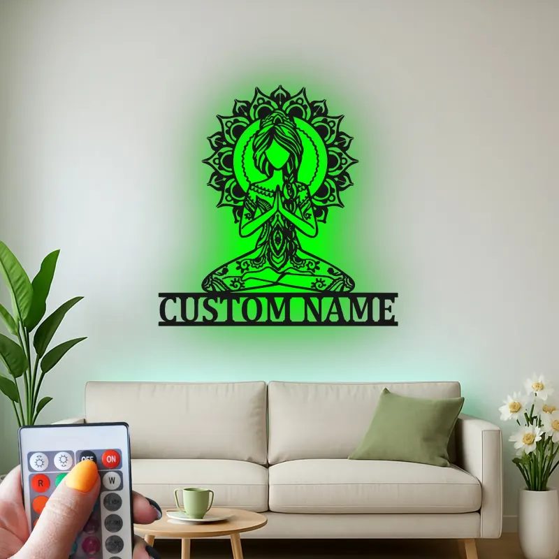 Cartel de metal personalizado con luz LED de meditación de yoga, regalo personalizado para amantes del yoga, decoración zen para sala de meditación