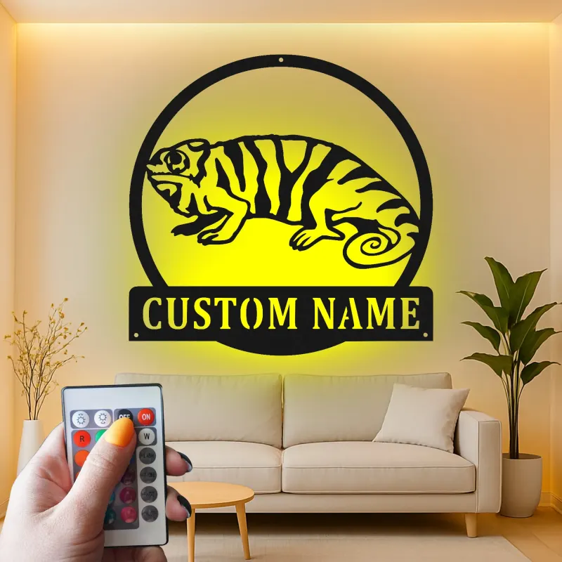 Décoration murale en métal personnalisée avec éclairage LED Chameleon pour les amoureux des reptiles - Cadeau unique pour la chambre