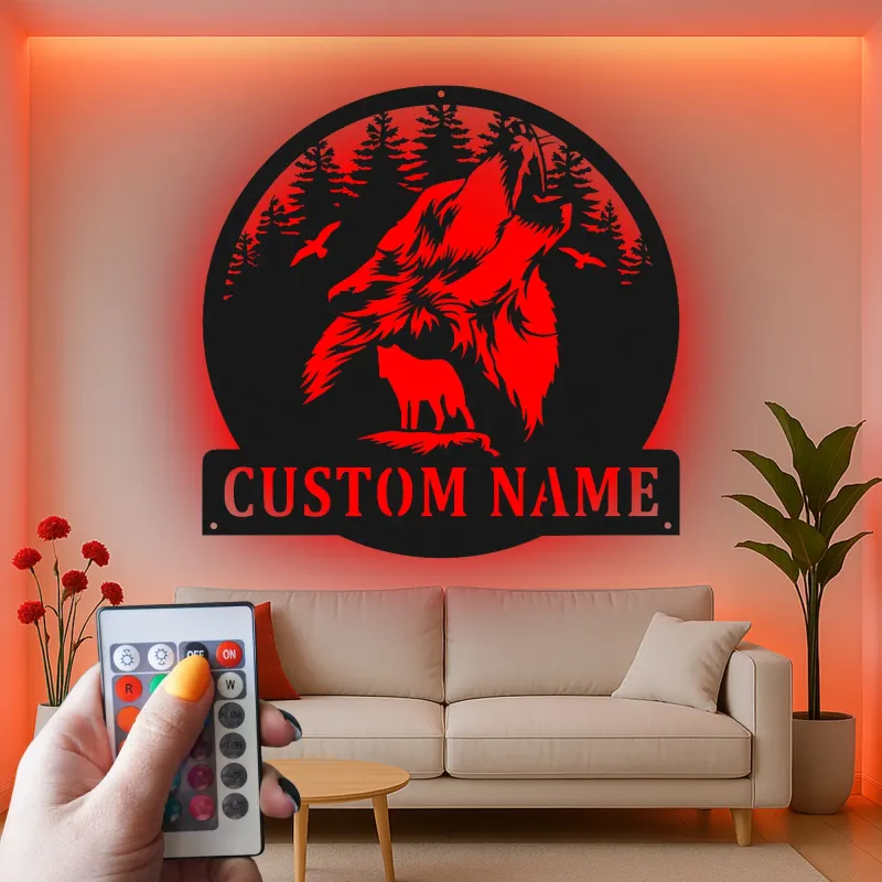 Décoration murale en métal personnalisée de loup hurlant avec rétroéclairage LED - Cadeau personnalisé pour les amoureux de la nature - Décor de cabane rustique