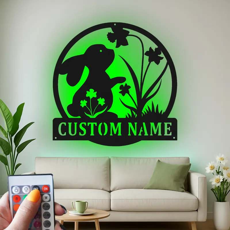 Insegna in metallo LED personalizzata con coniglio e fiori, regalo per nursery, decorazione per stanza dei bambini