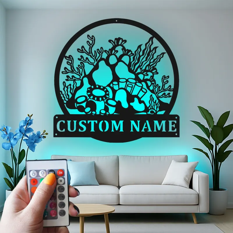 Cartel de metal personalizado con luz LED de arrecife de coral, regalo personalizado para amantes del océano, decoración náutica para casa de playa