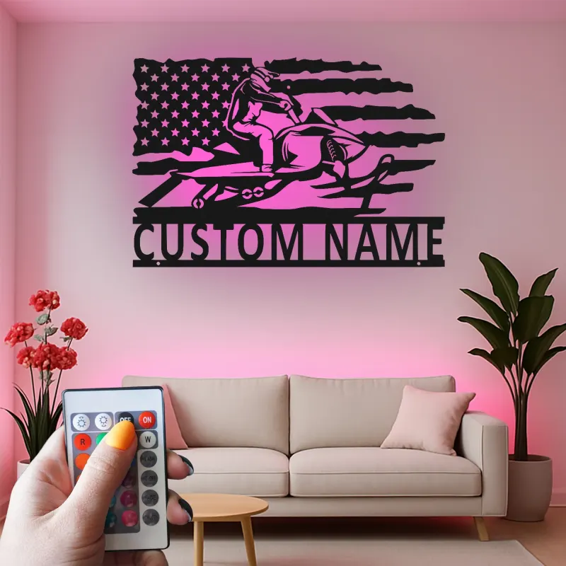 Plaque Métallique LED Personnalisée Motoneige | Art Mural Drapeau Américain Personnalisé | Cadeau Motoneigiste | Décor Man Cave