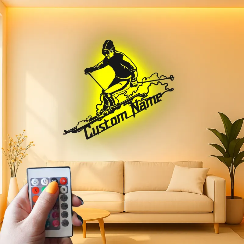 Custom Skier Led Light Metal Wall Art Personalized Skiing Gift for Winter Sports Enthusiasts Game Room Decor 1