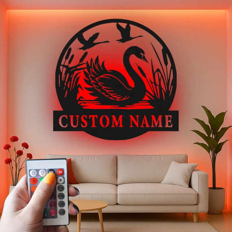 Insegna in metallo LED personalizzata con cigno, regalo per amanti della natura per decorare la camera da letto o il soggiorno