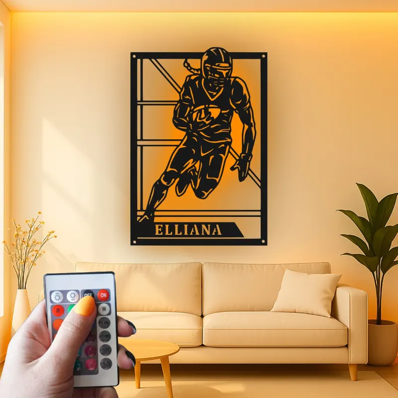 Cartel de metal personalizado de jugador de fútbol americano | Arte mural LED con nombre personalizado | Decoración para sala deportiva, regalo para deportistas
