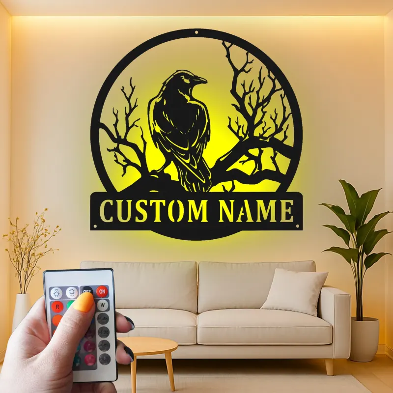 Insegna in metallo Raven | Insegna LED personalizzata per decorazioni gotiche | Regalo per amanti degli uccelli | Decorazione di Halloween per casa e ufficio