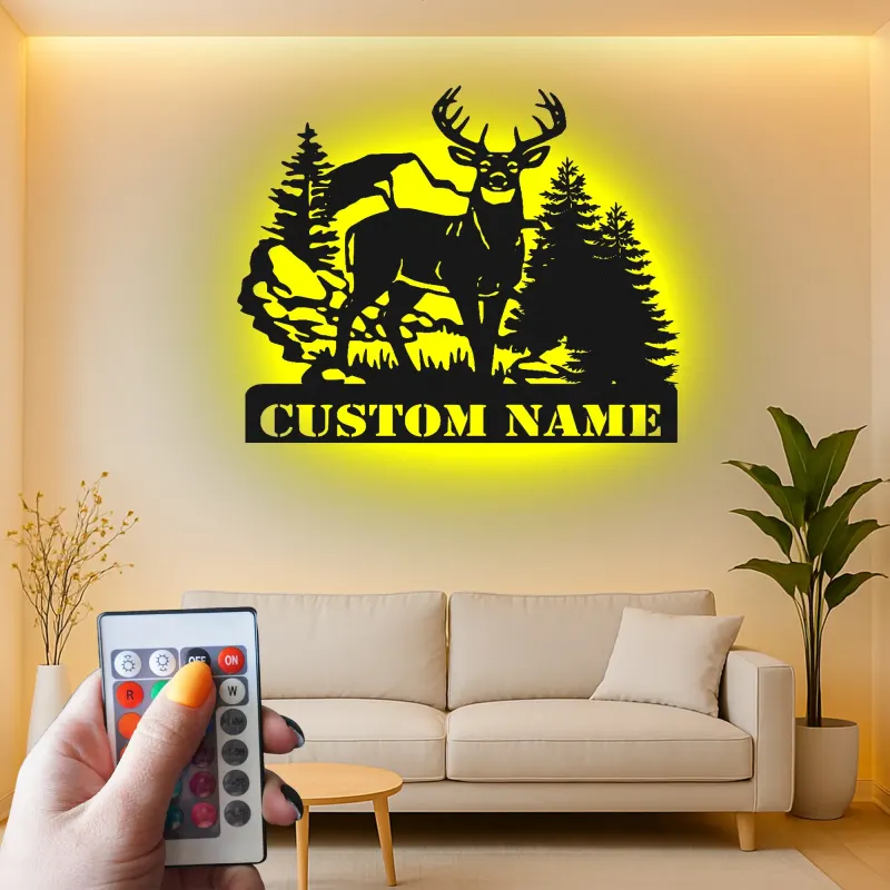 Insegna in metallo personalizzata con luce LED per foresta di cervi - Regalo personalizzato per cacciatori, decorazione rustica per cabin