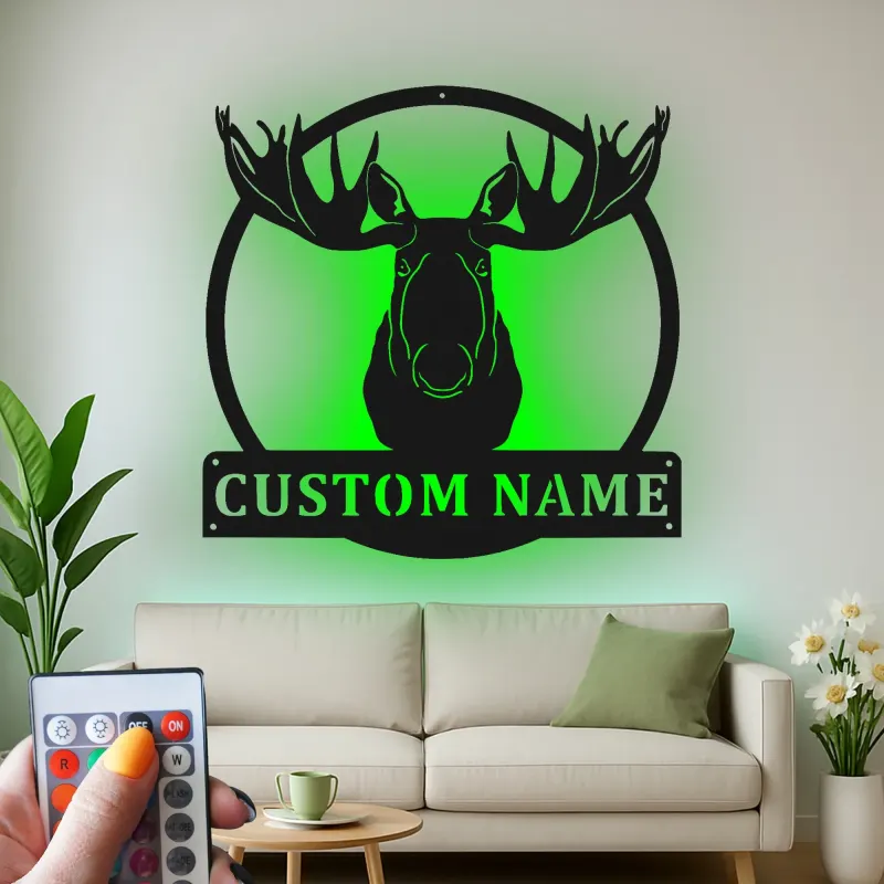 Insegna in metallo LED della testa di alce personalizzata | Arte murale rustica di fauna selvatica per decorazione di cabin e lodge | Regalo personalizzato per cacciatori