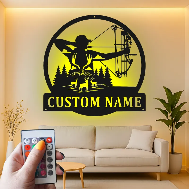 Insegna in metallo personalizzata con LED per cacciatori di archi, regalo personalizzato per arcieri, decorazione per cabin rustica