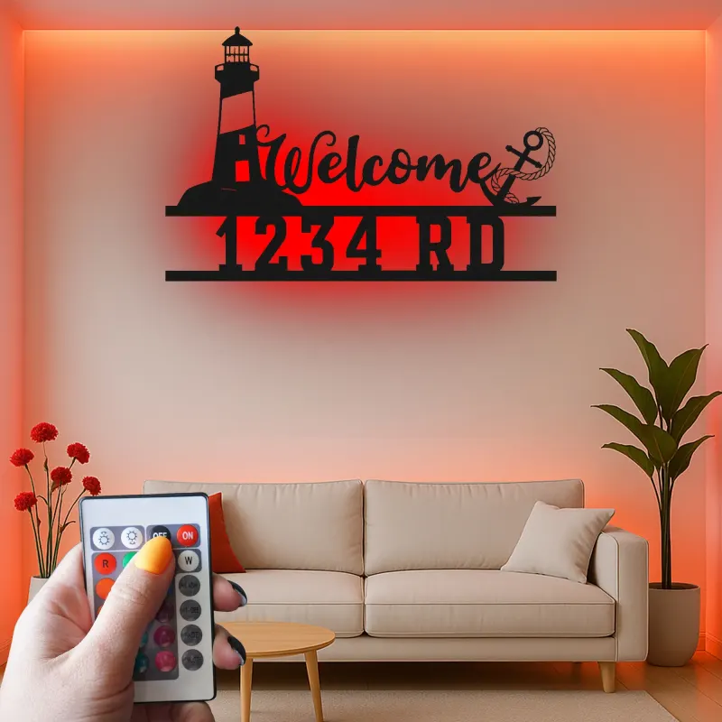Insegna Indirizzo Faro LED | Arte di Benvenuto in Metallo Personalizzata | Decorazione Nautica per Casa al Mare e Clinica Costiera