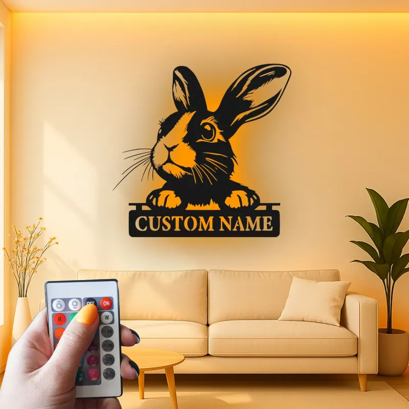 Insegna LED personalizzata con coniglio | Arte in metallo con coniglio Dutch | Targa personalizzata per nome animale e arredo cameretta