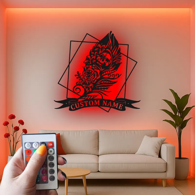Décoration murale en métal LED crâne gothique | Décor personnalisé style tatouage | Panneau prénom sur mesure pour chambre ou studio