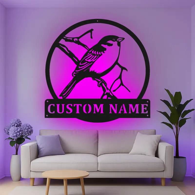 Custom Bird on Branch Led Light Metal Wall Art Personalized Gift for Nature Lovers Living Room or Garden Decor