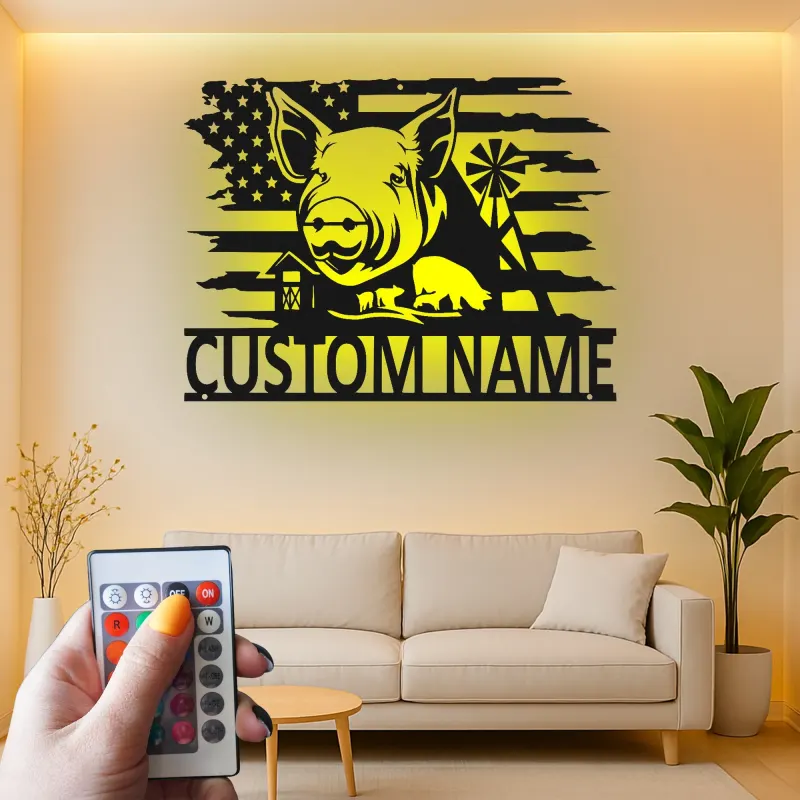 Panneau Métal Personnalisé Cochon & Drapeau | Art Mural de Ferme LED | Plaque de Nom Personnalisée pour Agriculteur | Décor Américain Rustique