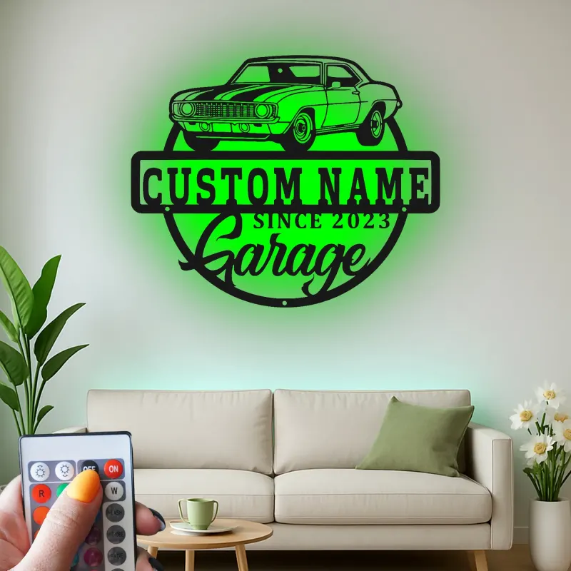Insegna in metallo LED personalizzata per garage con auto muscolare regalo per appassionati di auto decorazione man cave 2
