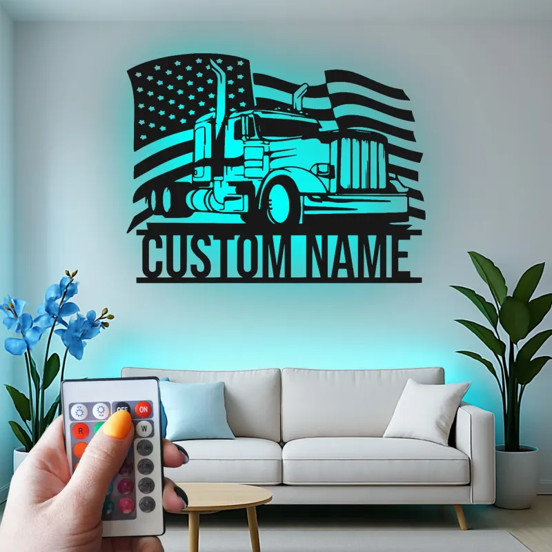 Personalized Semi Truck Metal Art | LED American Flag Sign | Patriotic Trucker Decor & Gift for Man Cave | Laser Cut Steel