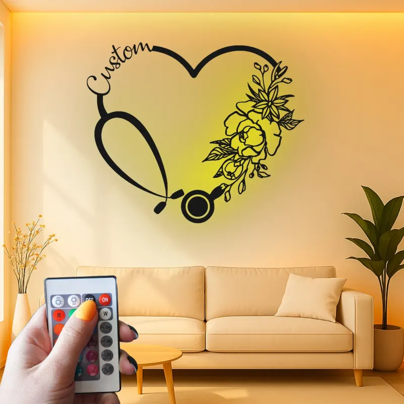 Insegna personalizzata con stetoscopio | Arte da parete in metallo LED per clinica | Regalo su misura per infermieri e medici | Targhetta floreale a cuore