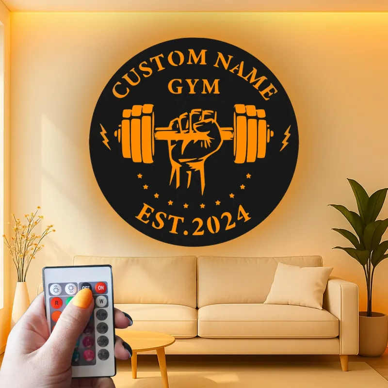 Insegna palestra personalizzata con luce LED | Decorazione murale in metallo personalizzata per home gym | Logo weightlifting per appassionati di fitness
