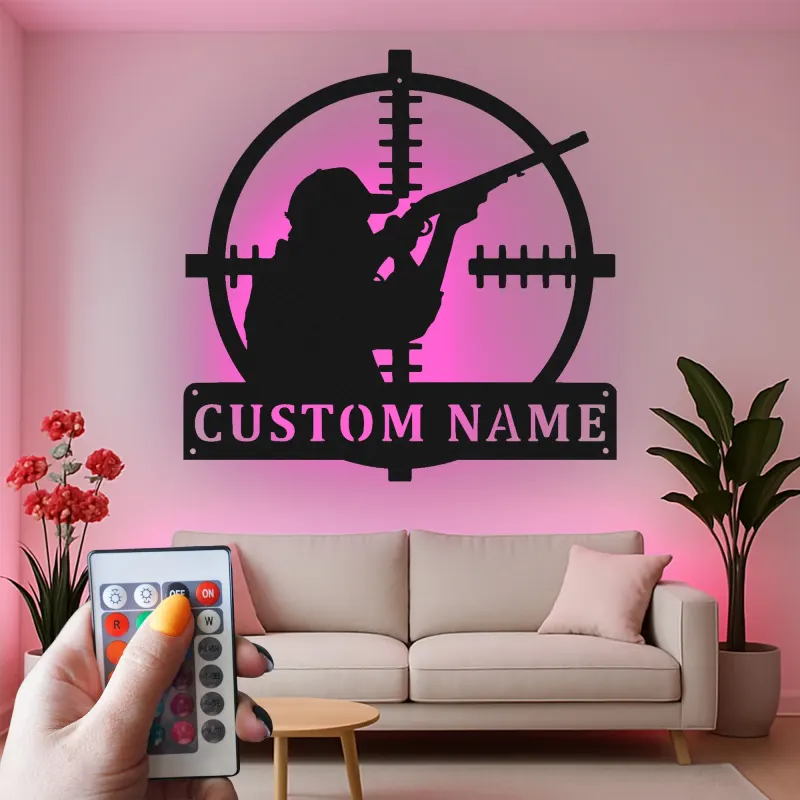 LED-Metallkunst mit Jägersilhouette | Personalisierte Schild für Zielfernrohre im Ferienhaus | Individuelles Geschenk für Jäger