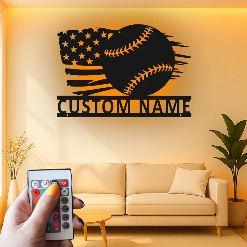 Insegna in metallo personalizzata con luce LED bandiera americana per baseball, regalo sportivo per fan del baseball, decorazione per sala giochi