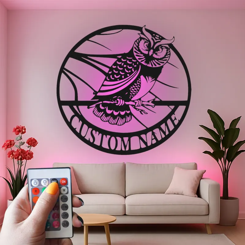 Great Horned Owl Metal Wall Art | Personalized LED Name Sign | Custom Bird Silhouette Decor for Home & Office | Nature Lover Gift