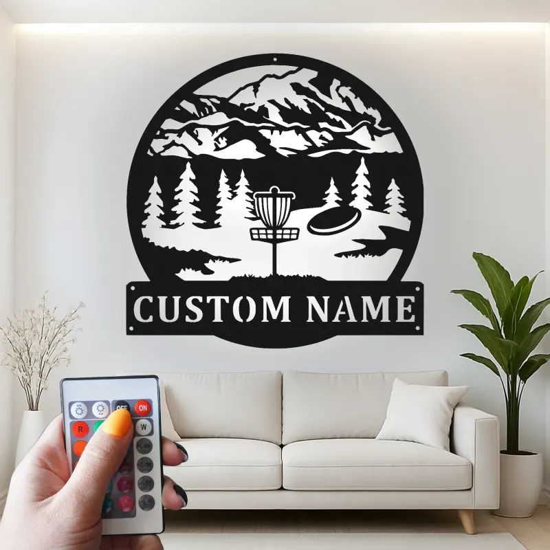 Custom Disc Golf Mountain Scene Led Light Metal Wall Art Personalized Gift for Disc Golfers Outdoor Enthusiast Decor