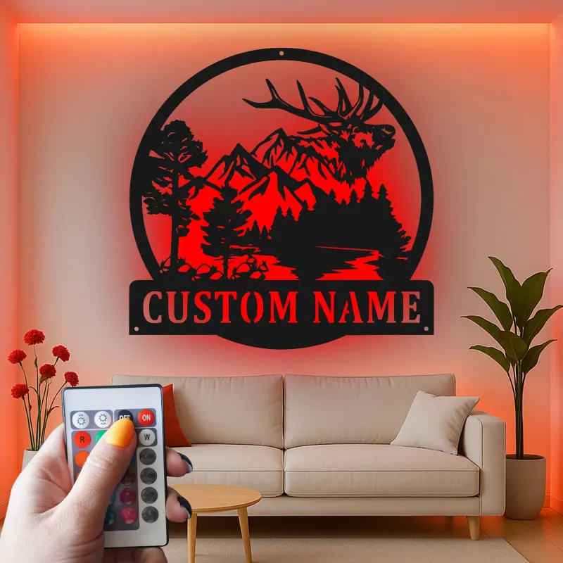 Custom Elk Mountain Scene Led Light Metal Wall Art Personalized Gift for Nature Lovers Cabin or Lodge Decor