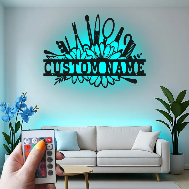 Enseigne de salon personnalisée | Décoration murale LED en métal pour coiffeur | Décor de studio beauté | Cadeau pour coiffeur