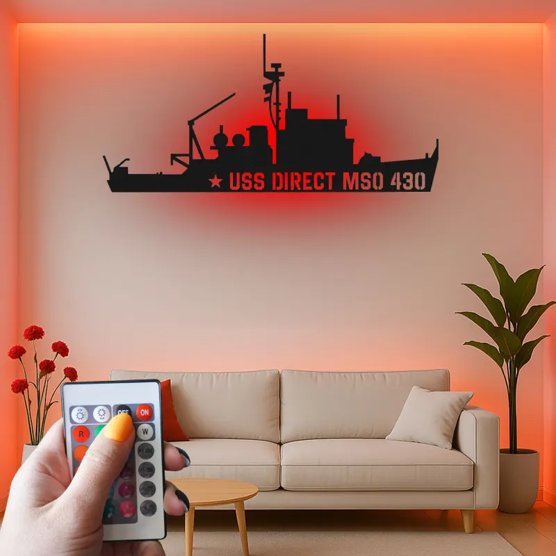 Art mural en métal LED USS Direct MSO 430 | Panneau silhouette de navire de la marine | Cadeau pour vétéran militaire | Décor nautique