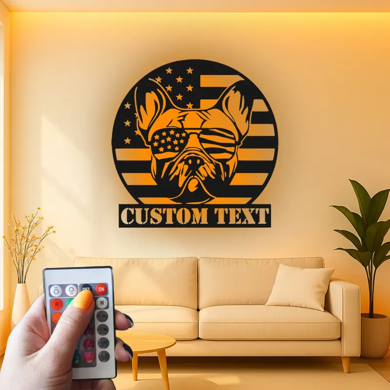 Décoration murale en métal personnalisée avec bulldog et drapeau américain éclairée LED - Cadeau patriotique pour les amoureux des chiens