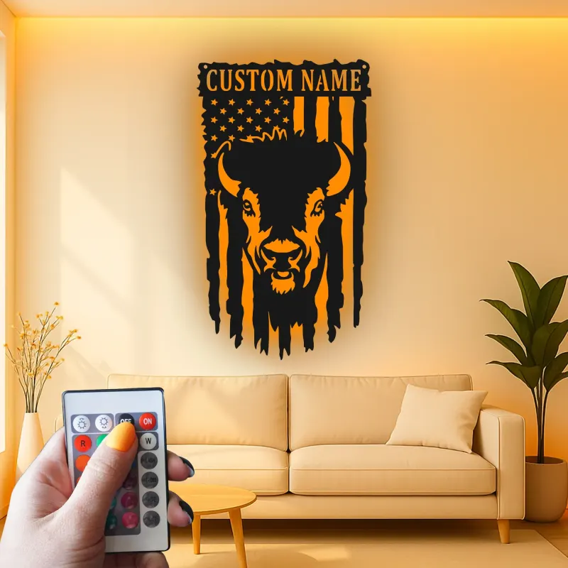 Décoration murale en métal personnalisée avec le drapeau américain et bison, rétroéclairage LED, cadeau rustique pour lui, décoration patriotique