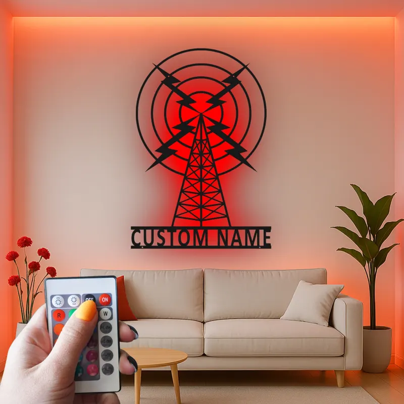 Personalisierte Metall-Schild eines Funkmastes | LED Vintage Broadcasting Kunst | Individuelles Geschenk für Funkamateur | Retro Studio Wanddekoration