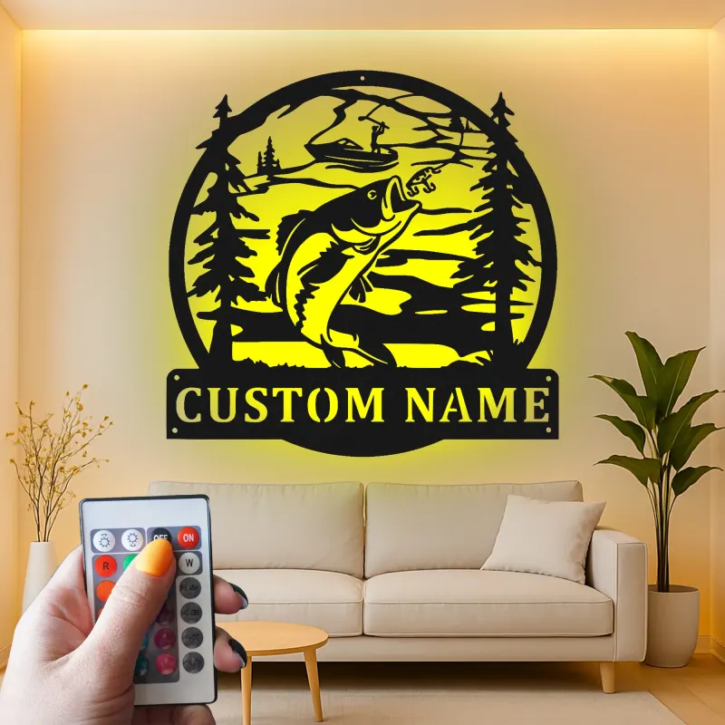 Insegna in metallo personalizzata per pesca con luce LED | Insegna con nome del pescatore | Decorazione per casa al lago e baita
