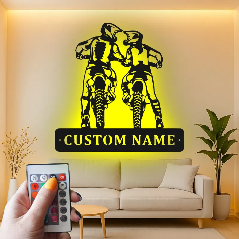 Personalisierte LED-Beleuchtung Metall-Wandkunst für Motocross-Fahrer – Geschenk für Dirtbike-Enthusiasten, Garage oder Man Cave Dekor