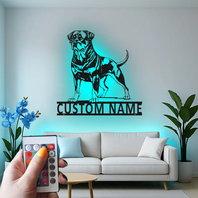 Rottweiler Custom Name Metal Sign | LED Light Pet Portrait Wall Art | Dog Lover Memorial Gift
