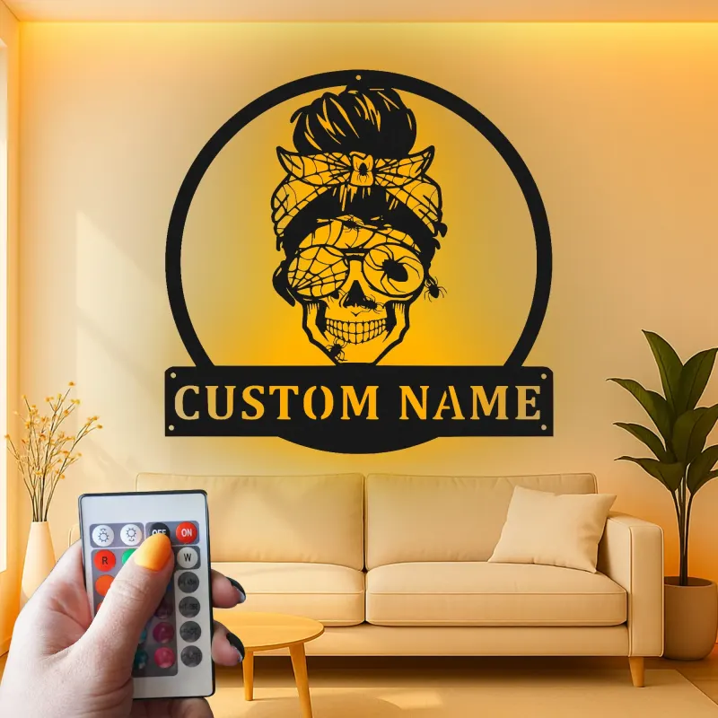 Cartel LED de Mujer Calavera Personalizado | Decoración Mural de Metal Gótica Personalizada | Decoración Retro con Nombre para Ella