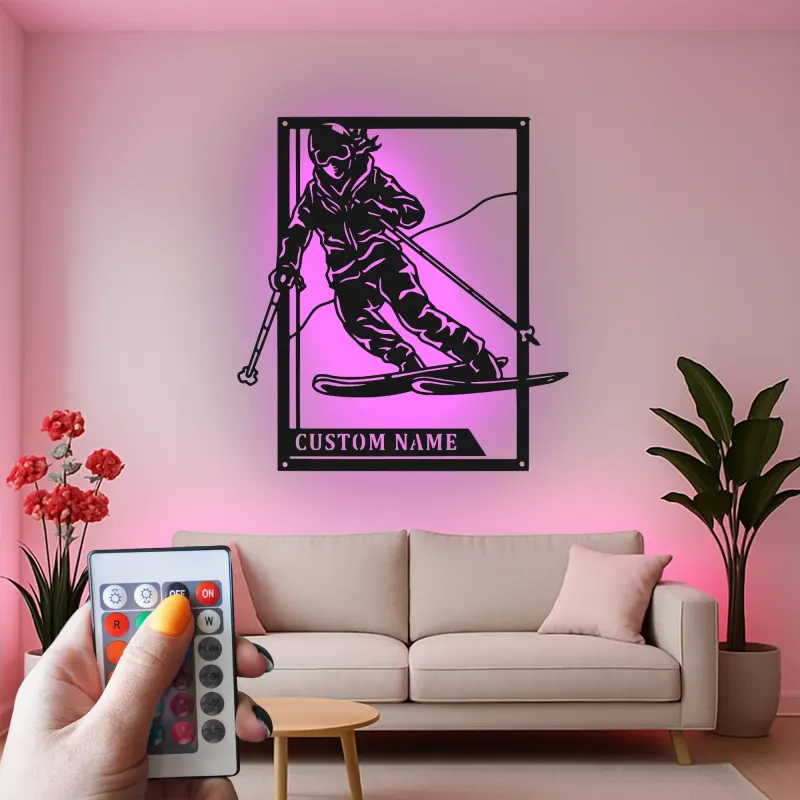 Custom Skier Led Light Metal Wall Art Personalized Skiing Gift for Winter Sports Enthusiasts Game Room Decor