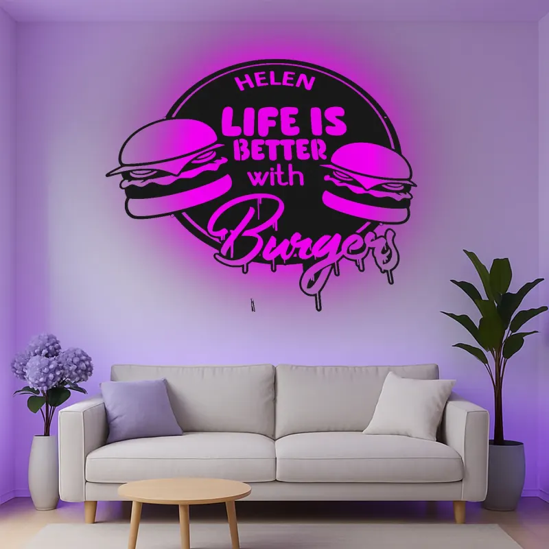 Insegna in metallo personalizzata con luce LED per amanti degli hamburger, regalo divertente per la cucina, decorazione per sala da pranzo