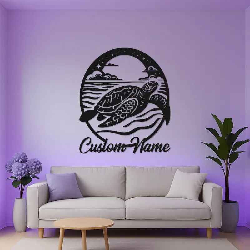 Art Murale en Métal Tortue de Mer LED | Panneau de Nom Personnalisé | Décor Nautique de Plage | Silhouette de Faune Marine sur Mesure