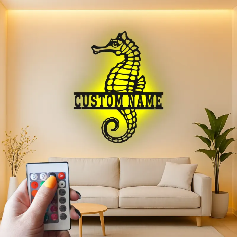 Panneau Métal LED Hippocampe Personnalisé | Décoration Murale Nautique Personnalisée | Décor Maison Côtière & Cadeau pour Amoureux de l'Océan