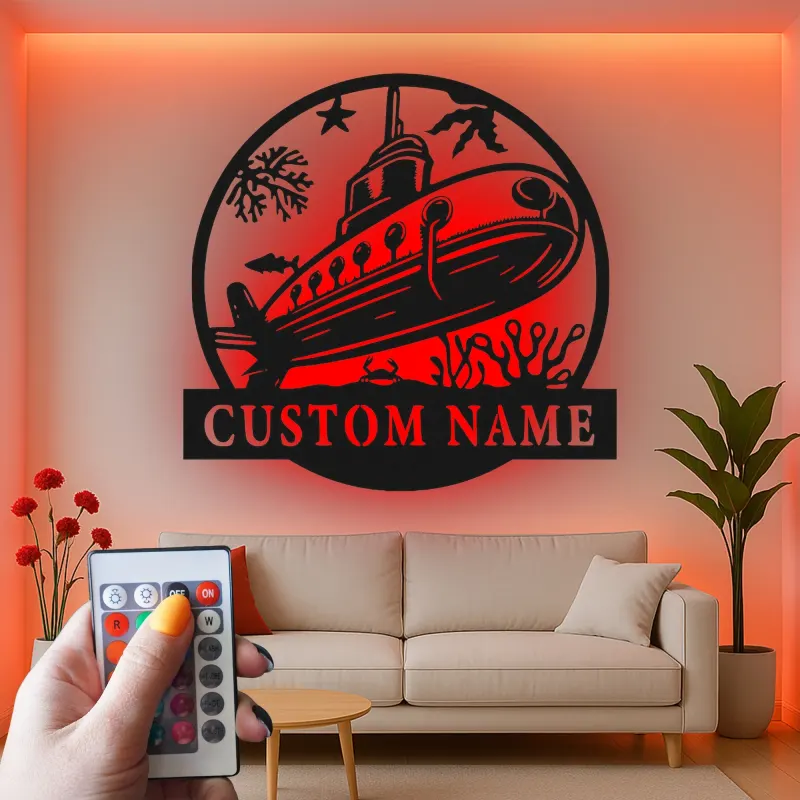 Panneau en métal sous-marin personnalisé avec rétroéclairage | Décoration murale nautique personnalisée | Décor océanique pour chambre d'enfant ou cadeau de marin