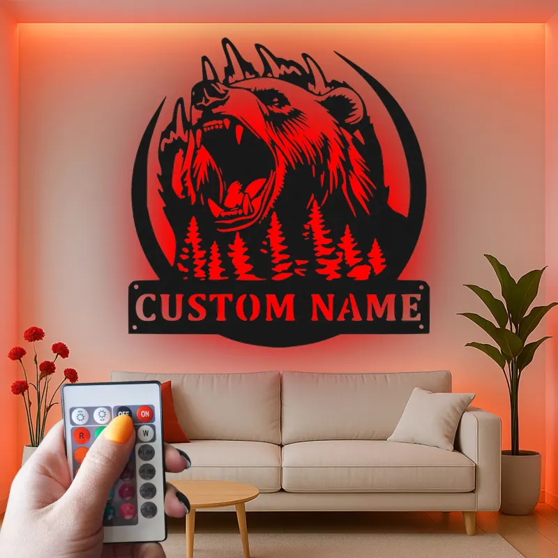 Personalisiertes LED-Licht Metallschild mit Grizzlybär – Geschenk für Naturfreunde, Dekoration für Hütte oder Lodge