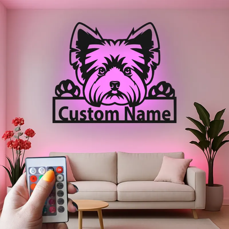 Cartel de metal LED personalizado de Yorkie, regalo para amantes de los perros, decoración para la sala de estar 1