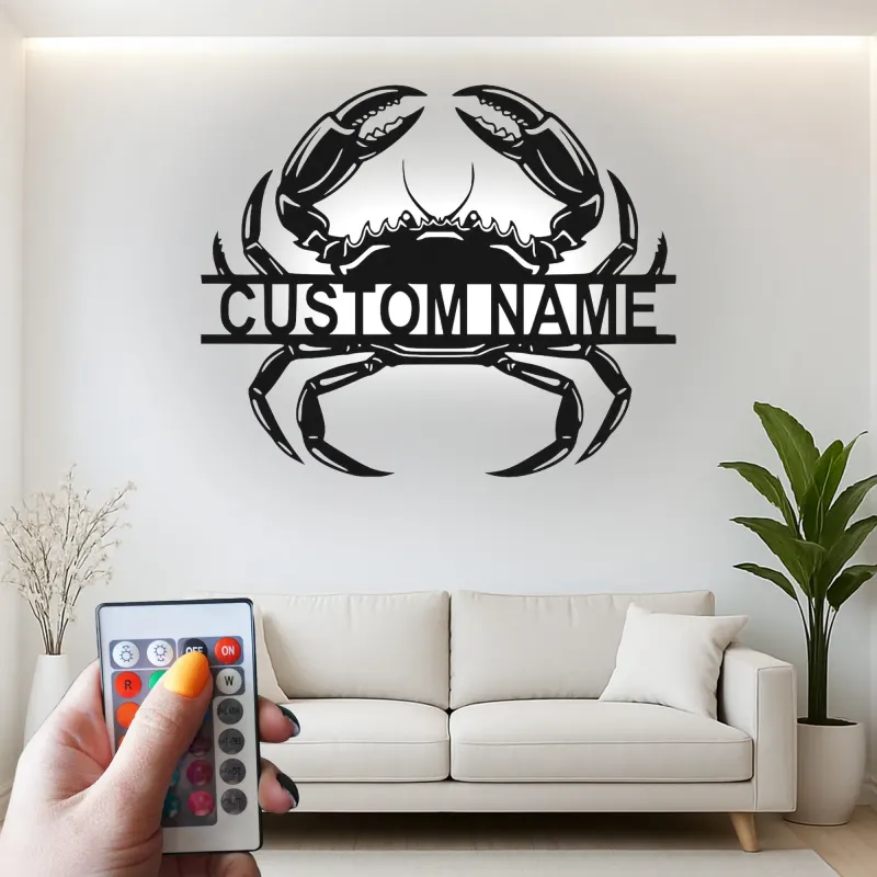 Cartel de metal personalizado de cangrejo con luz LED, regalo de casa de playa costero, decoración para amantes del océano