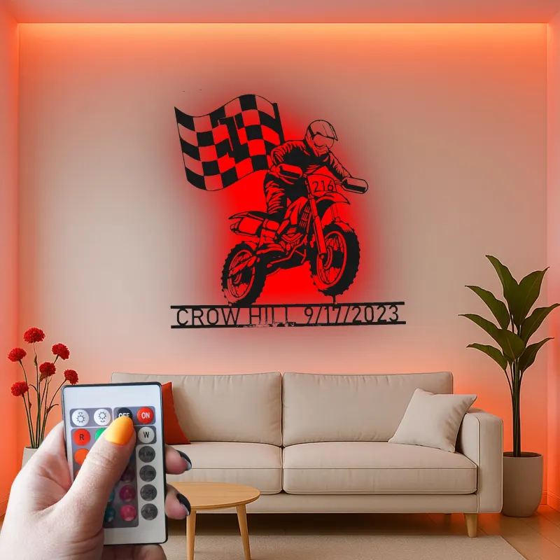 Panneau LED Motocross Personnalisé | Décoration Murale en Métal sur Mesure | Nom et Numéro du Pilote | Décor de Garage Sportif