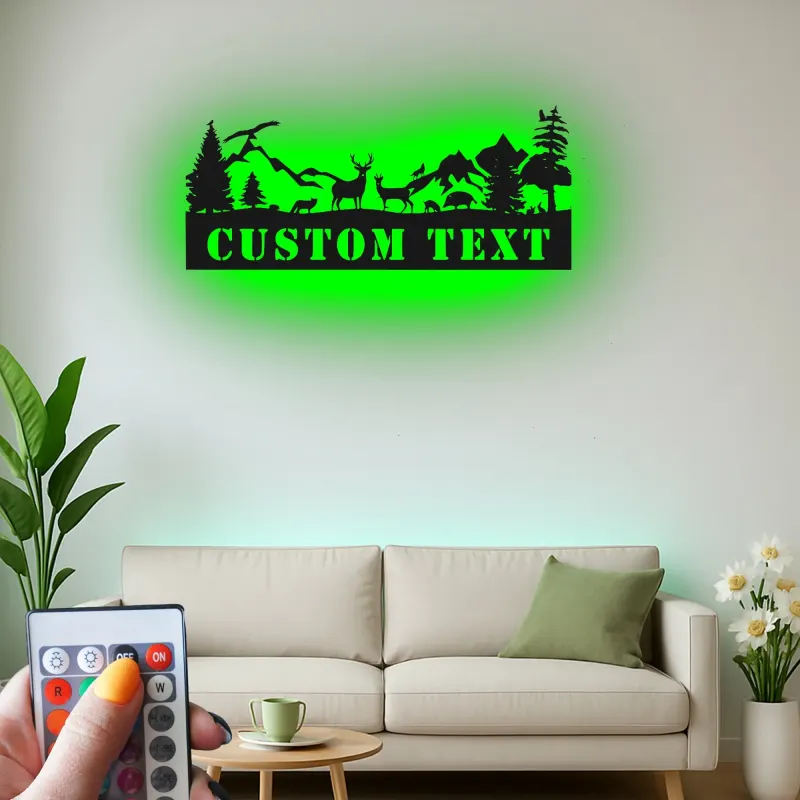 Insegna in metallo personalizzata con scena di montagna e fauna selvatica retroilluminata