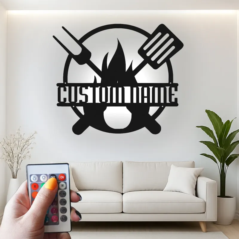 Insegna in metallo personalizzata con BBQ Grill e luce LED regalo personalizzato per maestro della griglia decorazione per patio all'aperto