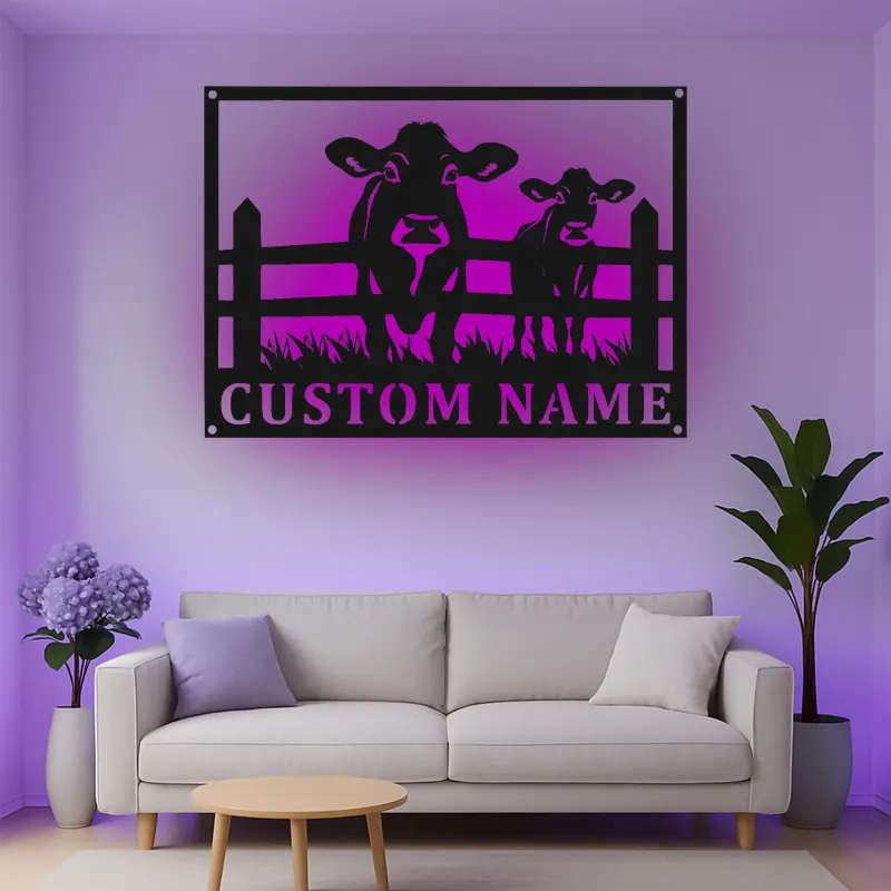 Insegna in metallo LED personalizzata con mucca e vitello - Regalo per agricoltori - Decorazione rustica per fienile