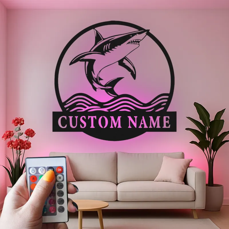 Enseigne en métal requin blanc personnalisée | Décoration murale LED prédateur des océans | Décor de maison de plage personnalisé pour passionnés de requins